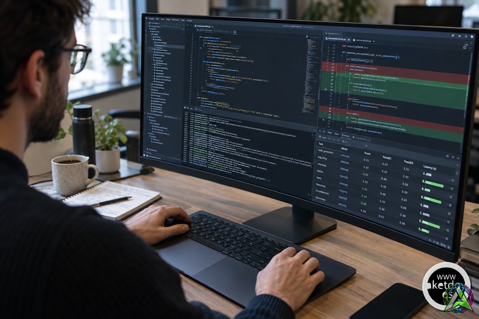 Desarrollador revisando resultados de un agente de programación con diffs y métricas en pantalla
