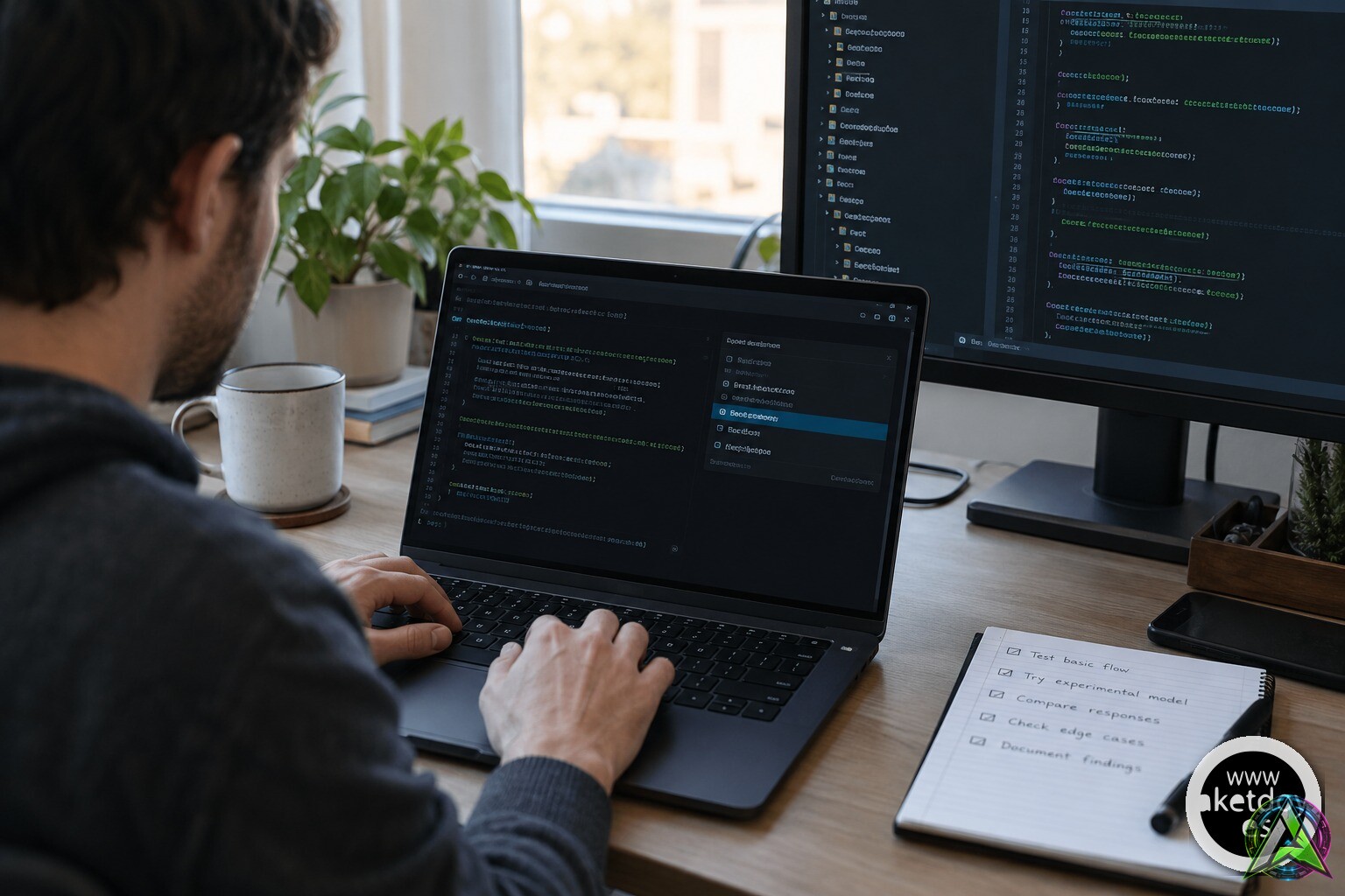 Persona probando un asistente de programación desde una terminal con lista de comprobaciones en una libreta