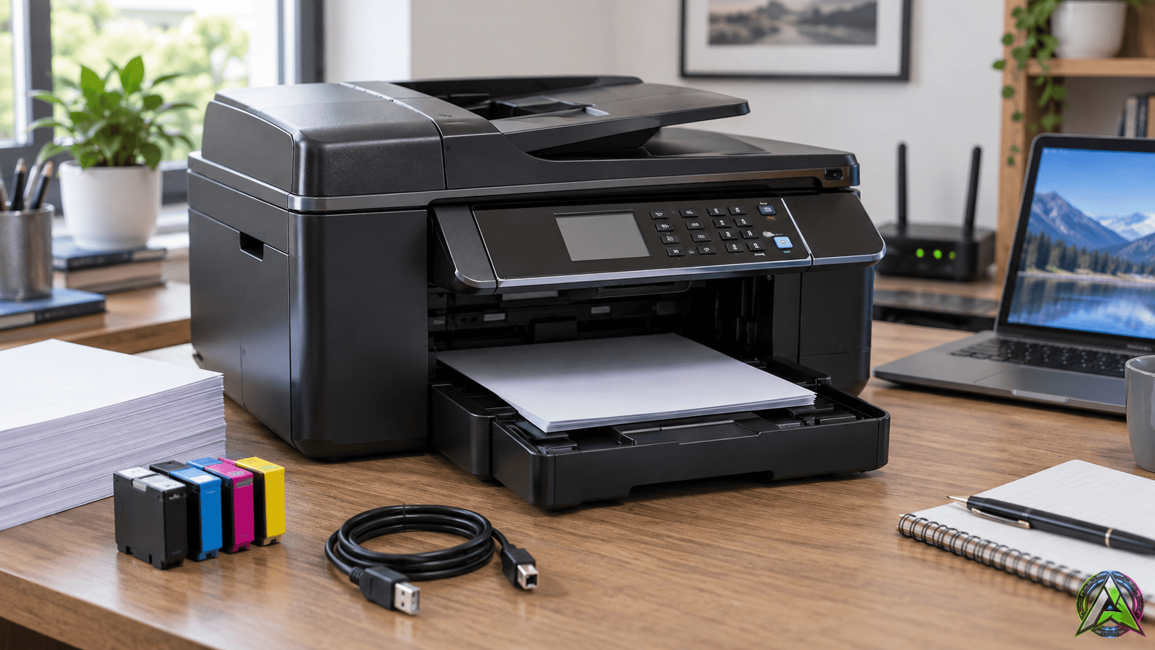 Impresora multifunción de tinta sobre escritorio, imagen destacada de Aketdoy
