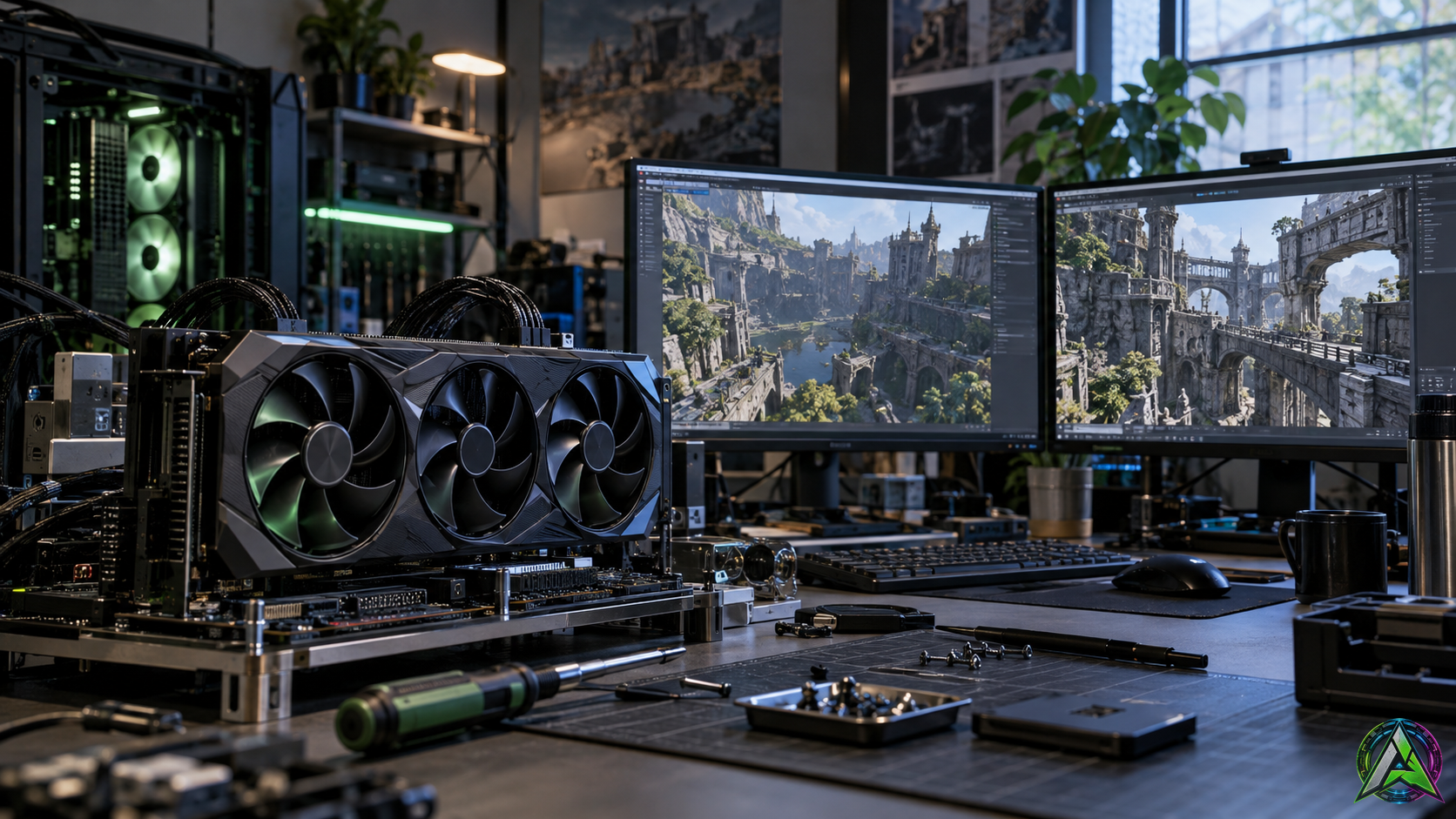 Banco de pruebas con GPU y monitores mostrando una escena 3D densa para desarrollo de juegos con RTX Mega Geometry