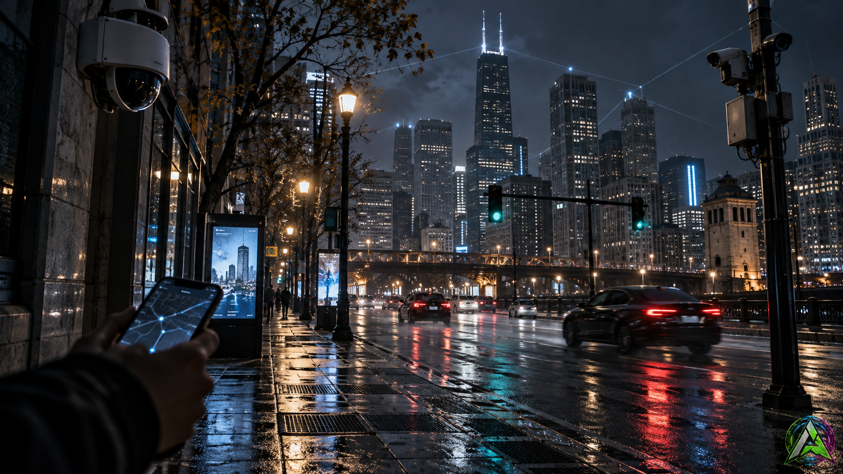 Ciudad conectada de noche para análisis retro de Watch Dogs