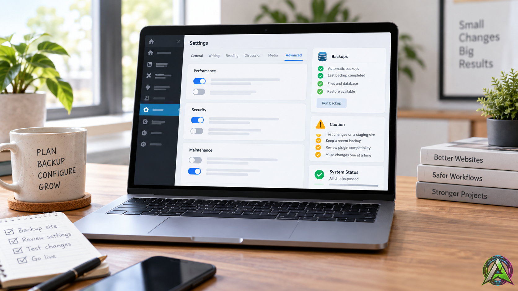 Panel de configuración segura de WordPress con copia de seguridad