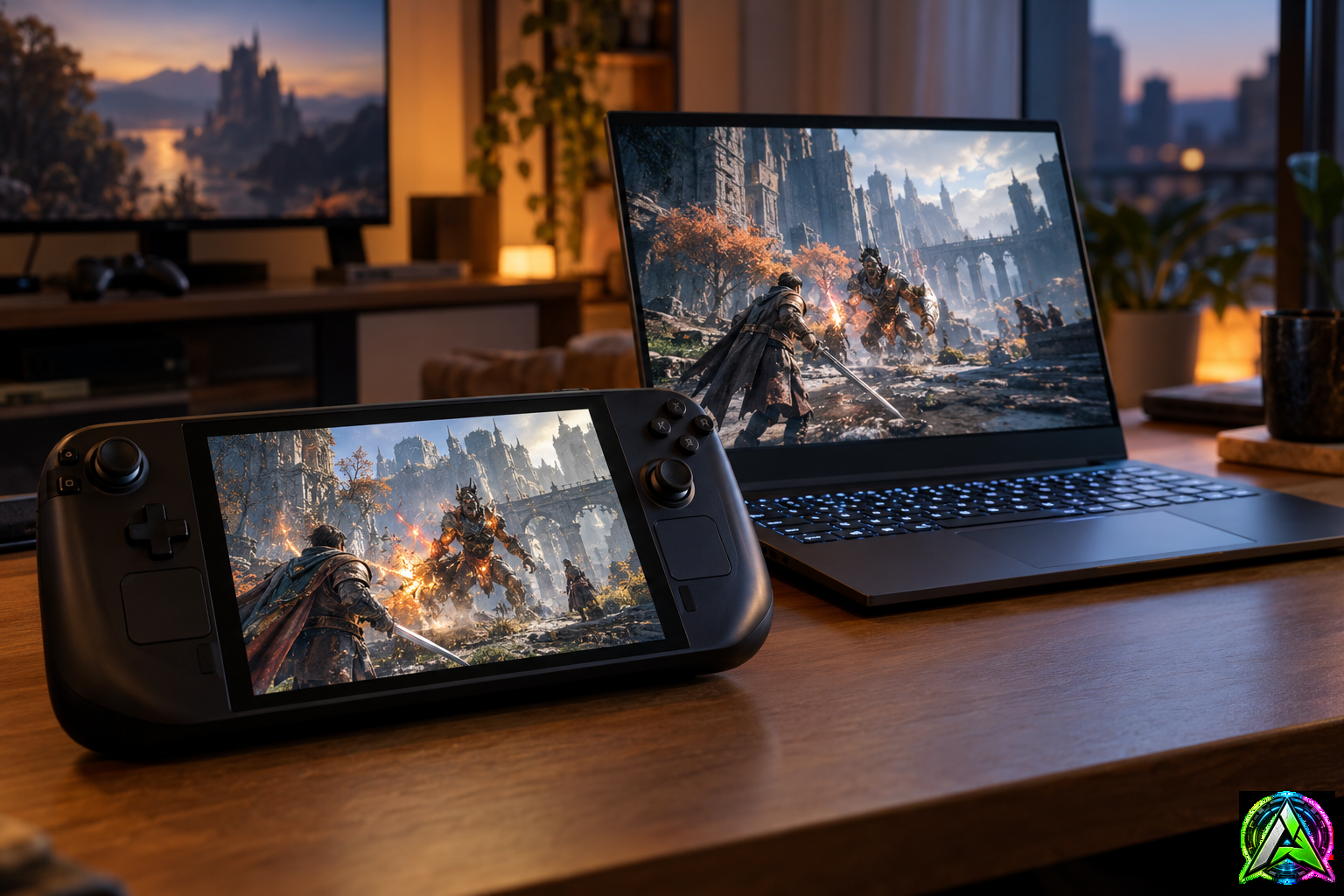 Consola portátil y portátil gaming mostrando una escena de juego detallada