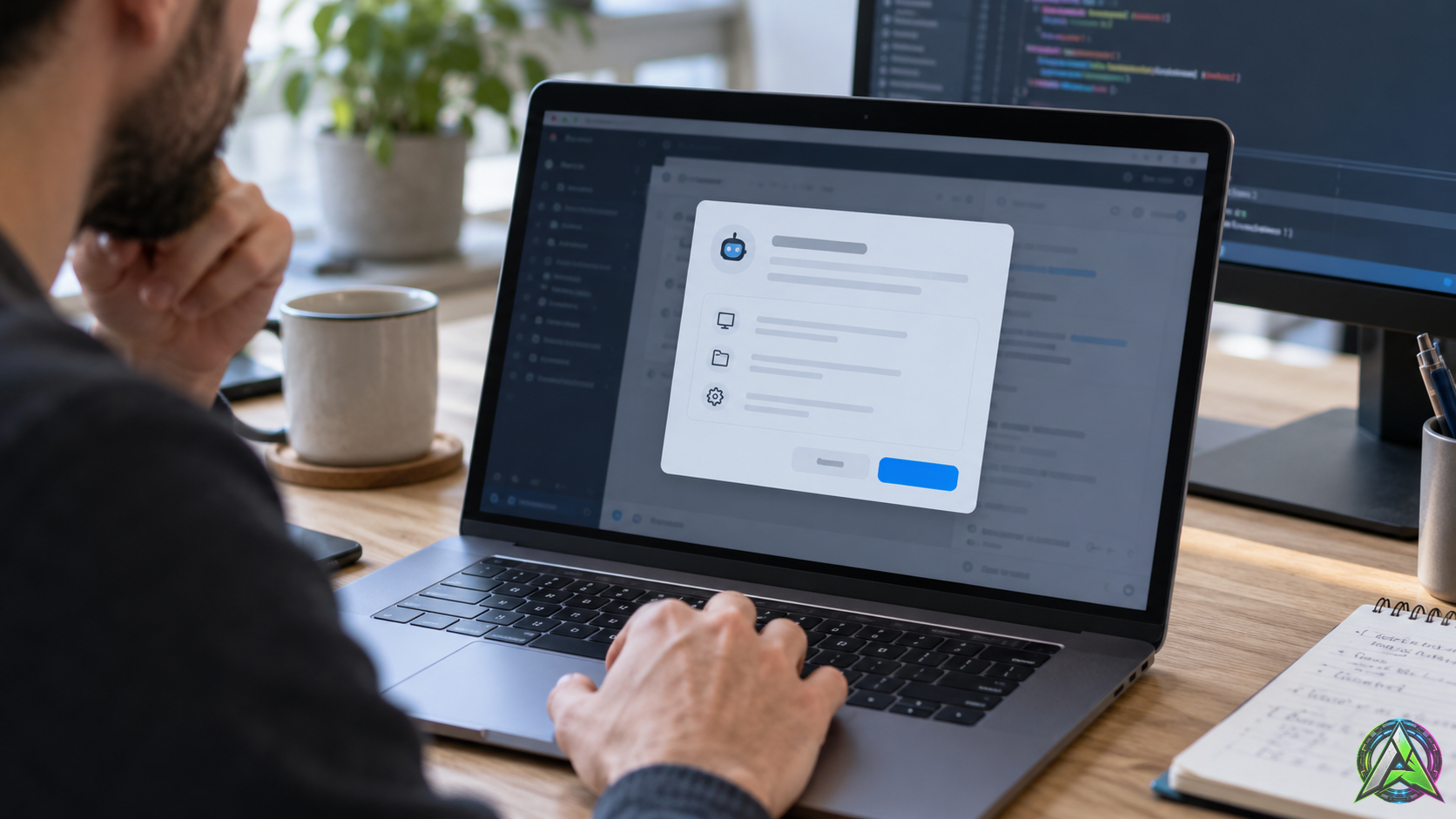 Revision de permisos antes de usar GitHub Copilot computer use Desarrollador revisando un cuadro de permisos antes de permitir que un agente de IA controle una aplicacion de escritorio