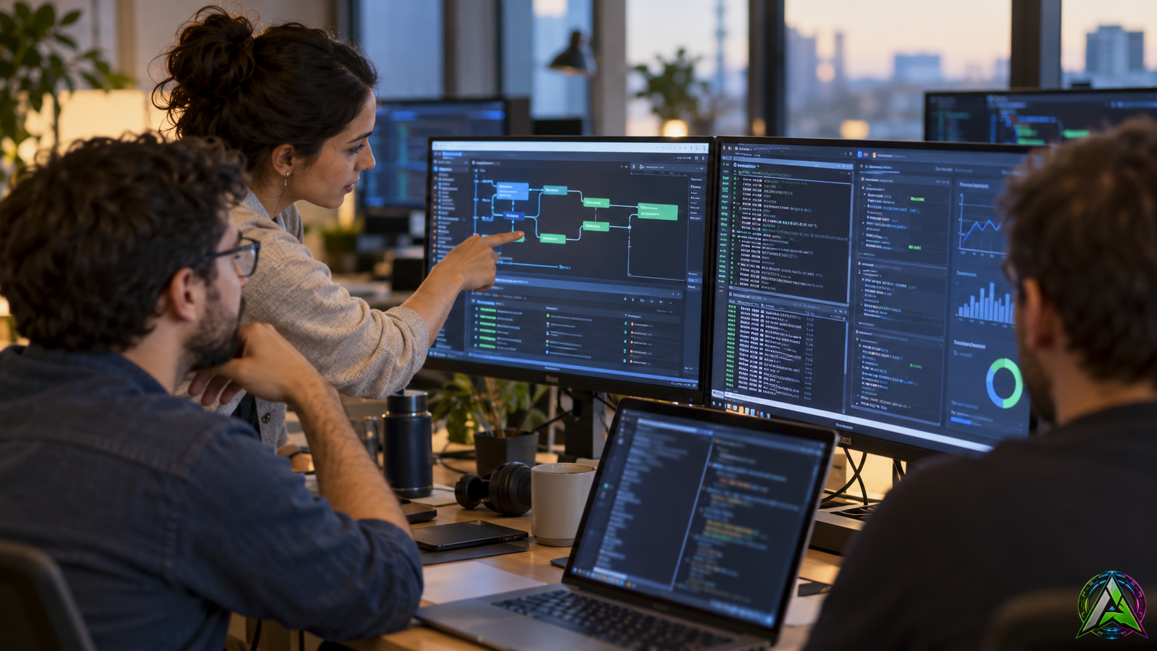 Revision de dynamic workflows y ejecuciones automatizadas en un equipo de desarrollo Equipo de ingenieria revisando monitores con ejecuciones de flujos automatizados y registros de desarrollo