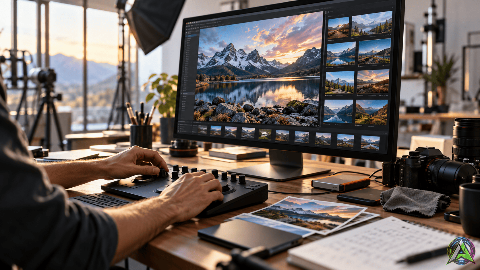 Estación fotográfica profesional revisando una galería de imágenes web de alta fidelidad