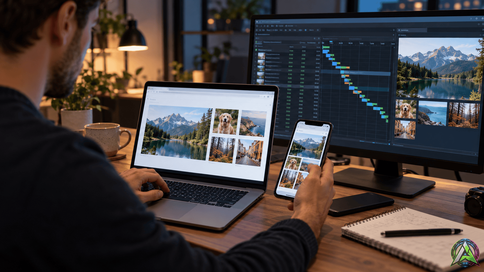 Desarrollador probando una galería web con imágenes modernas en escritorio y móvil