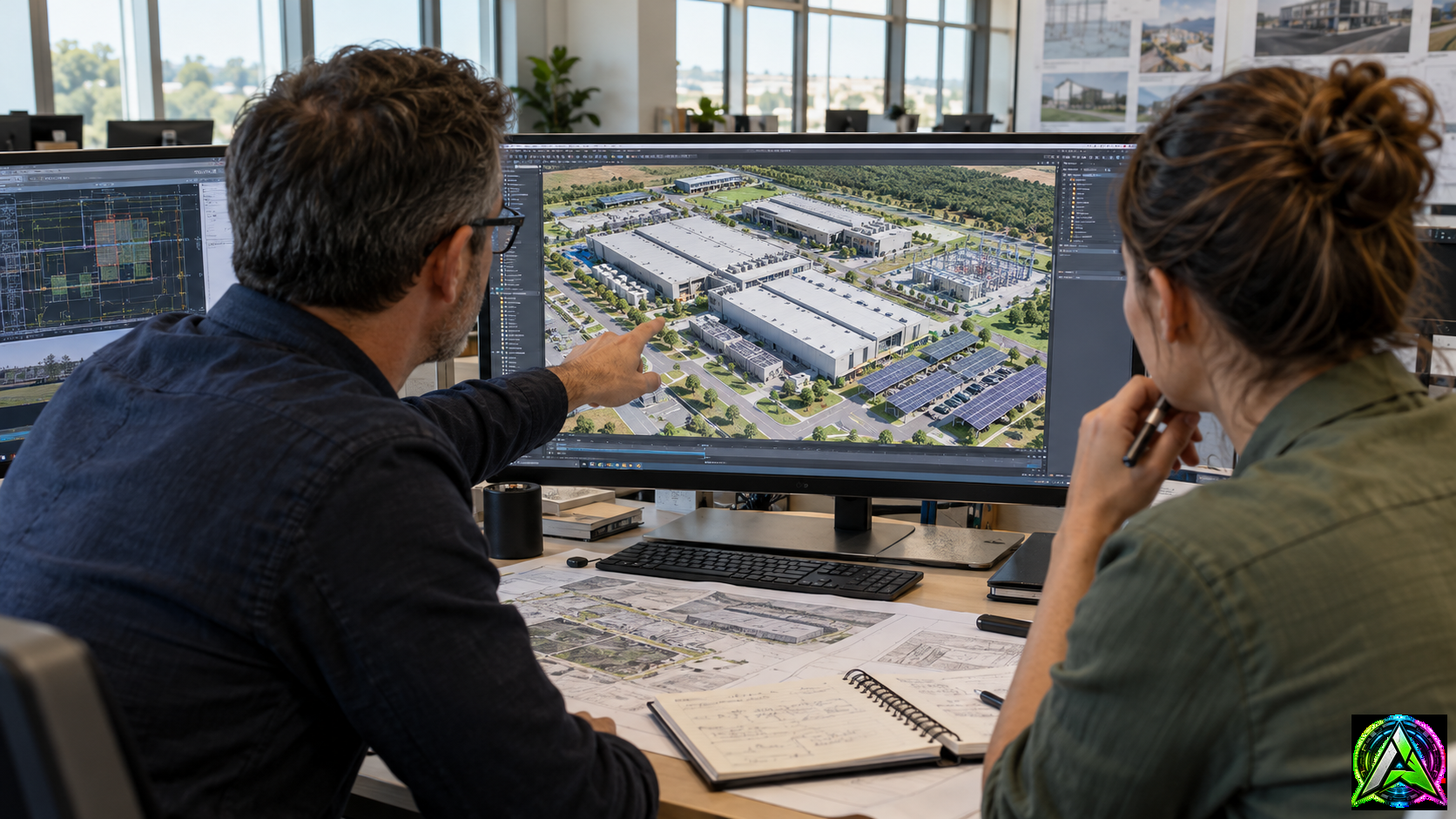 Equipo de ingeniería revisando un modelo 3D de un campus de centro de datos junto a planos técnicos