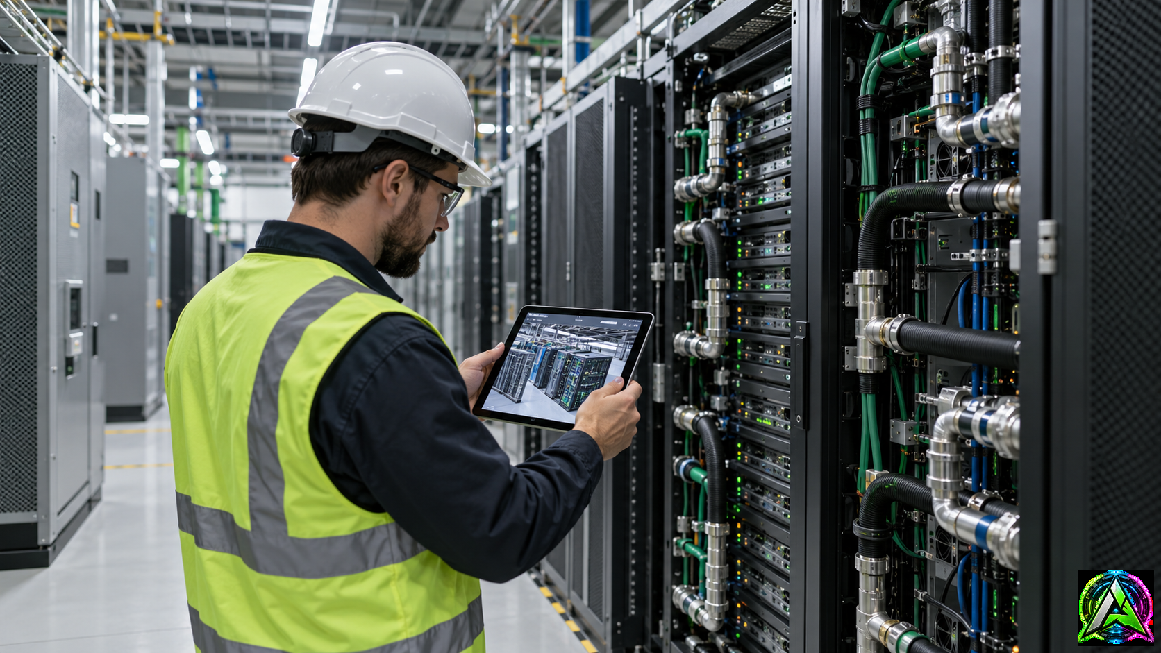 Ingeniero inspeccionando racks con refrigeración líquida y comparando el centro de datos con un modelo digital en una tableta